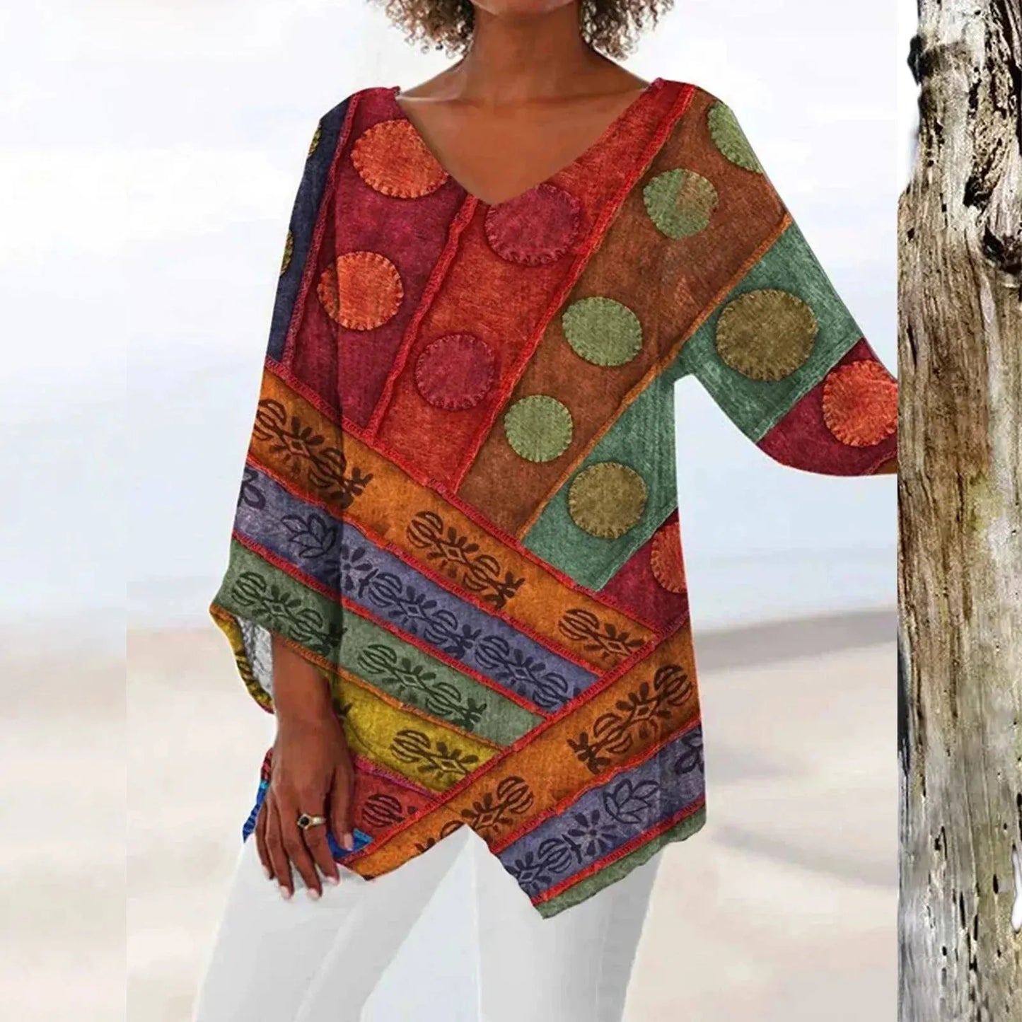 Fudus Damen-Oberteil mit V-Ausschnitt, Weinlese-Stil