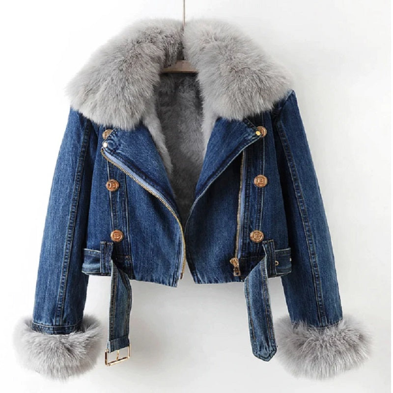 Krohn-e | Denim Jacke mit Luxuriösem Pelzkragen Damen Regular Fit Belle Couture Essential Nachhaltig