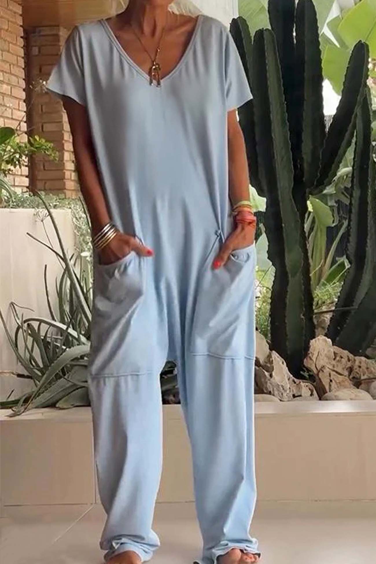 KROHN-E Damen Jumpsuit V-Ausschnitt Kurze Ärmel Taschen Loose Fit