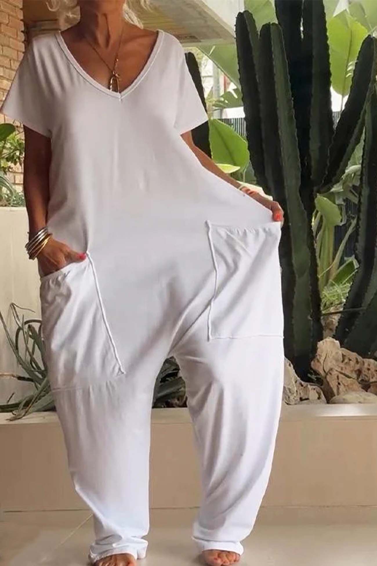Dell | Damen Jumpsuit V-Ausschnitt Kurzarm Loose Fit mit Taschen