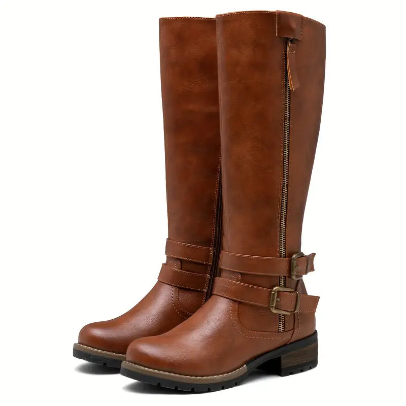 Krohn-e | Damen Knielange Stiefel mit Reißverschluss und Schnalle