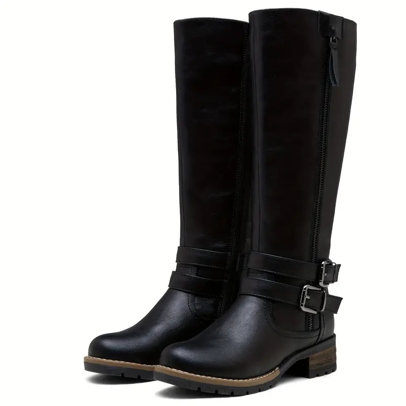 Krohn-e | Damen Knielange Stiefel mit Reißverschluss und Schnalle