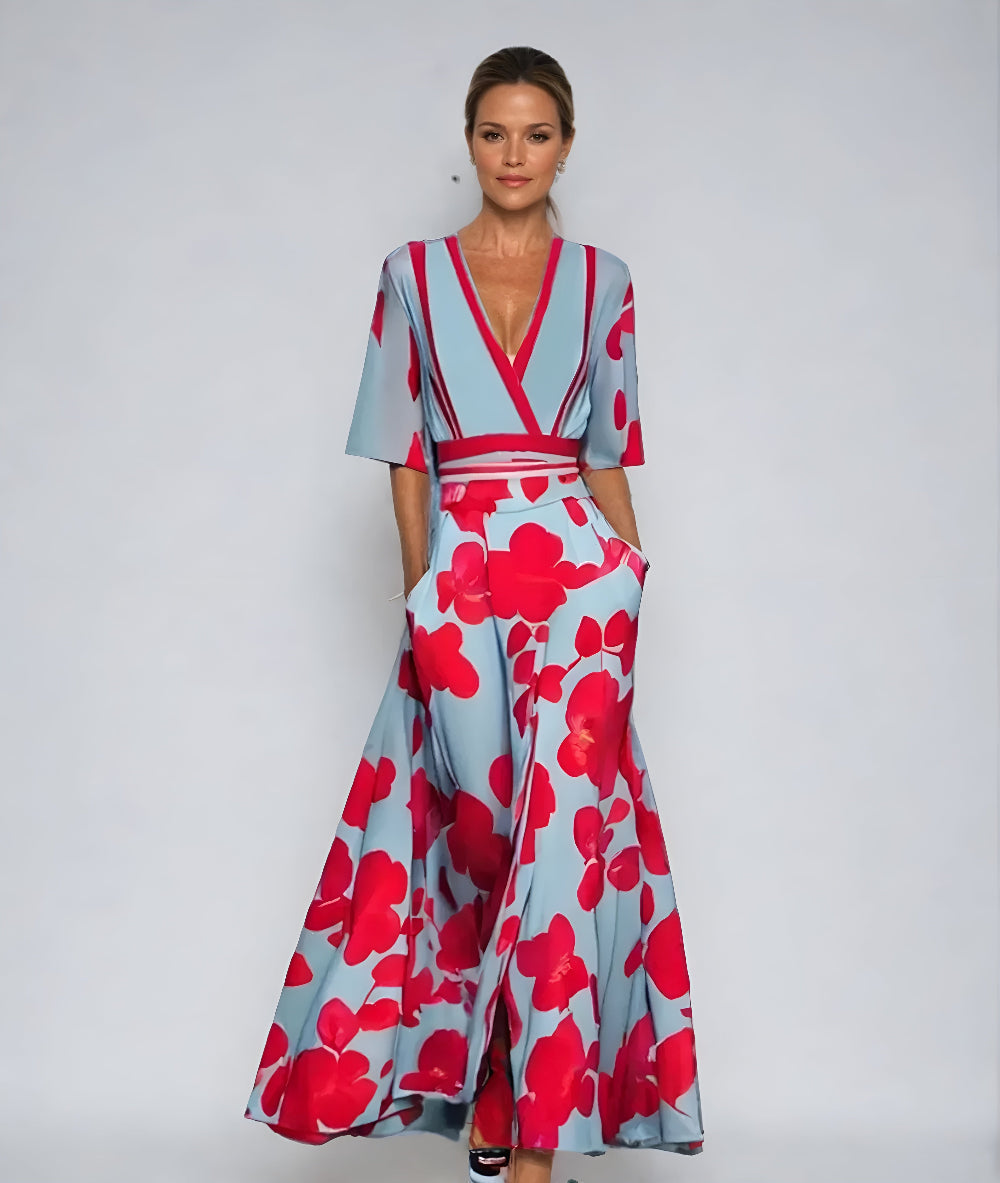 KROHN-E Damen Wickelkleid Blumenmuster Kurze Ärmel Verstellbarer Gürtel