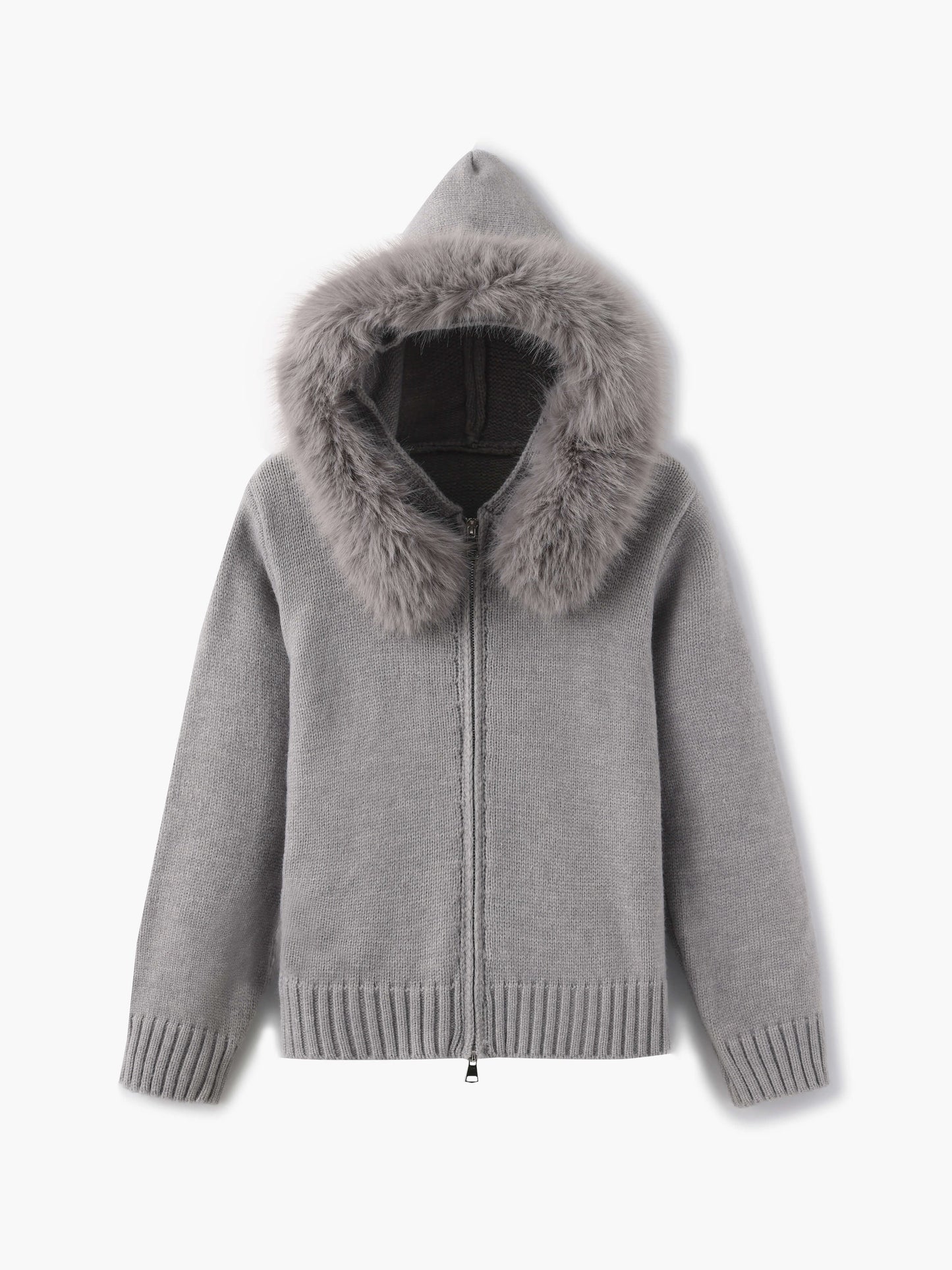 Krohn-e | Strickjacke Grau mit Kapuze und Kunstpelz Warme Winterjacke