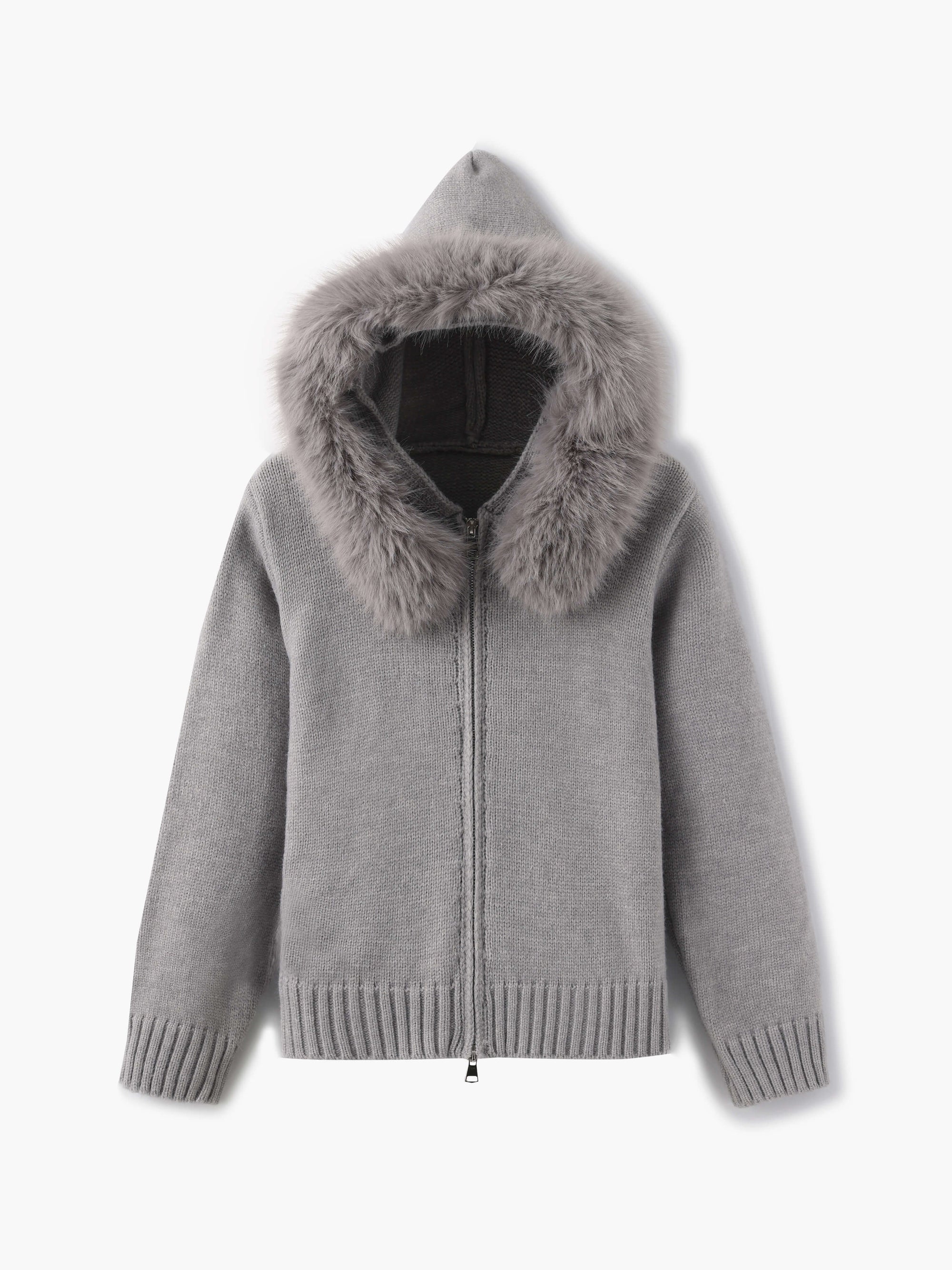 Krohn-e | Strickjacke Grau mit Kapuze und Kunstpelz Warme Winterjacke