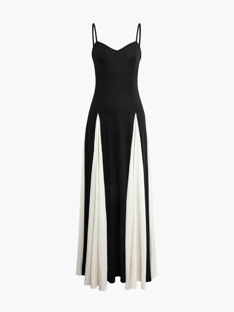 KROHN-E Damen Maxi-Kleid Schwarz-Weiß Fließend Asymmetrisch