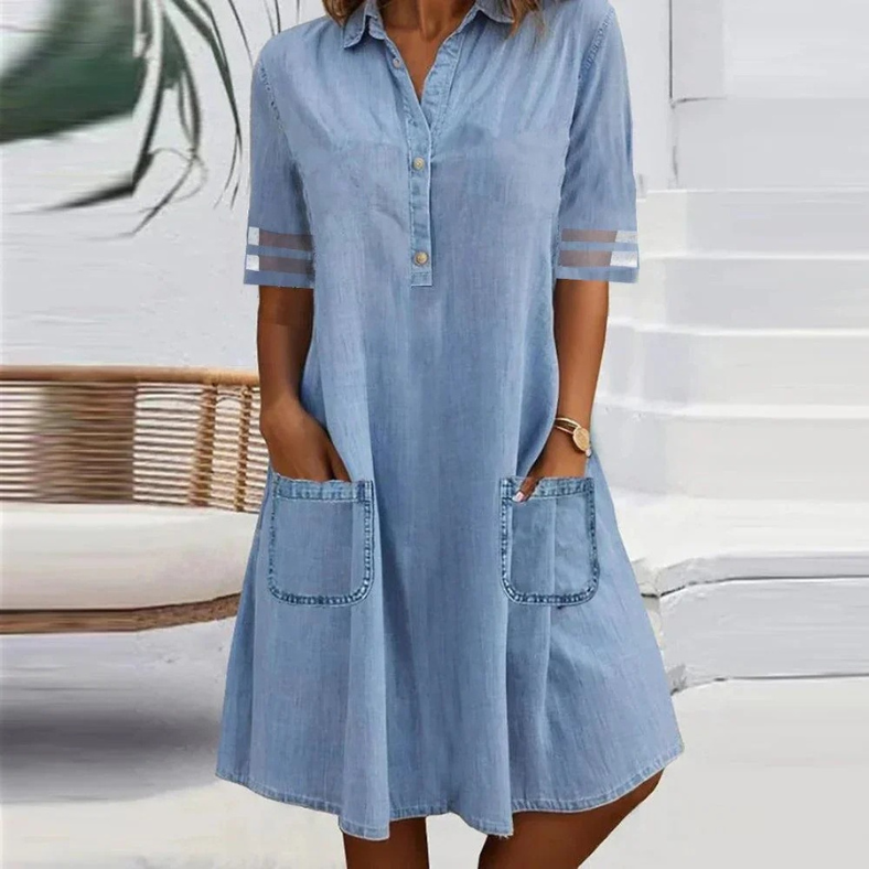 KROHN-E Damen Jeans-Minikleid Seitentaschen Denim Blau