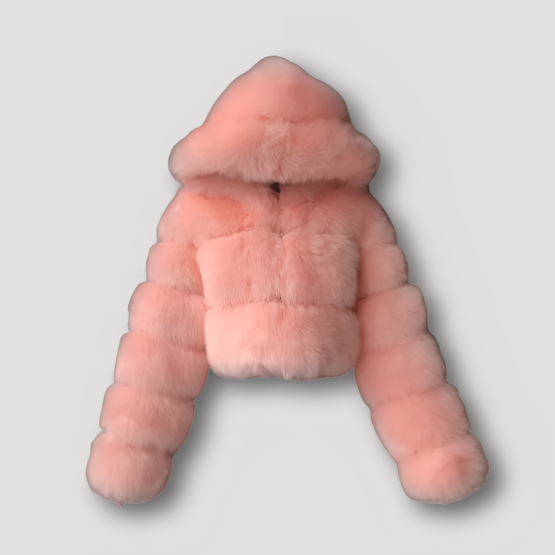 Kirie: Luxuriöse Kurz geschnittene Kunstpelz-Kapuzenjacke mit Reißverschluss