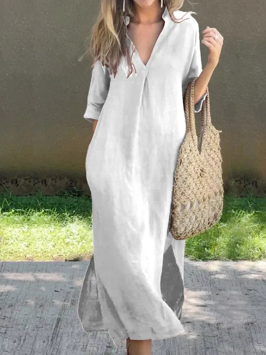 Elegantes Damen-Midikleid mit plissiertem Ausschnitt