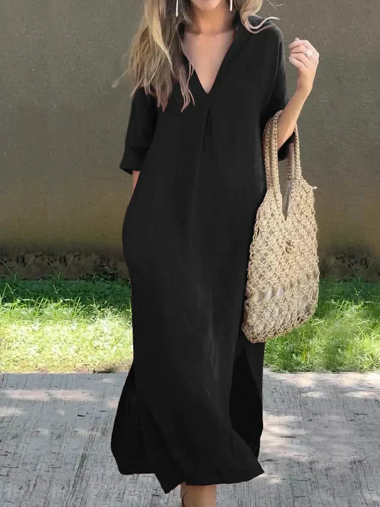 Elegantes Damen-Midikleid mit plissiertem Ausschnitt