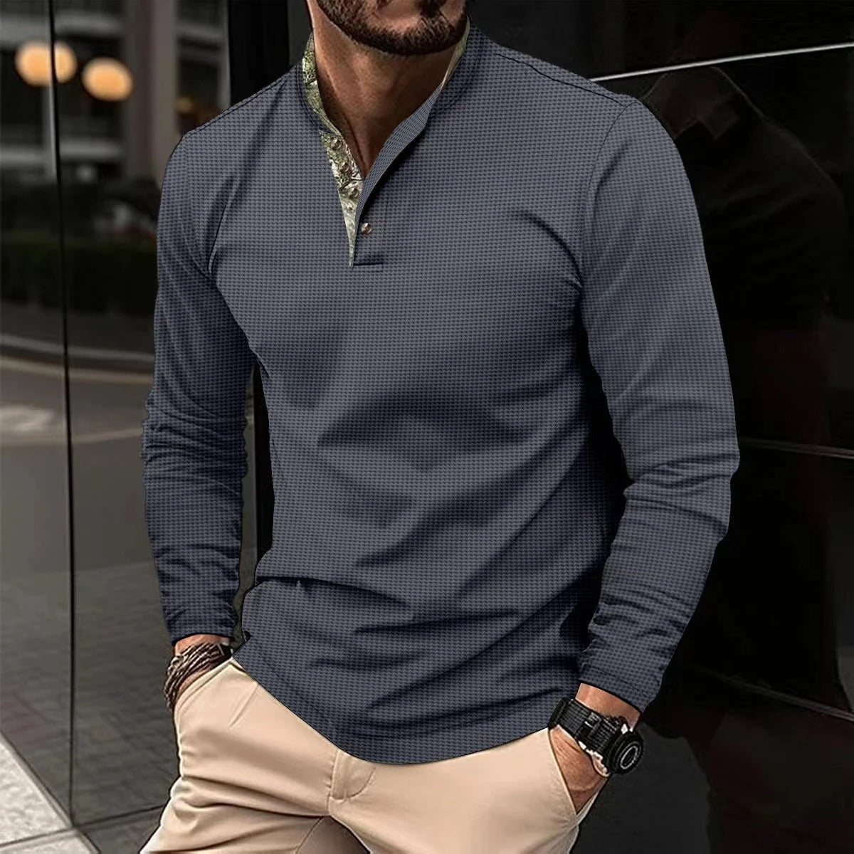 Niko | Herren Langarm Henley Shirt Stehkragen Waffelstruktur