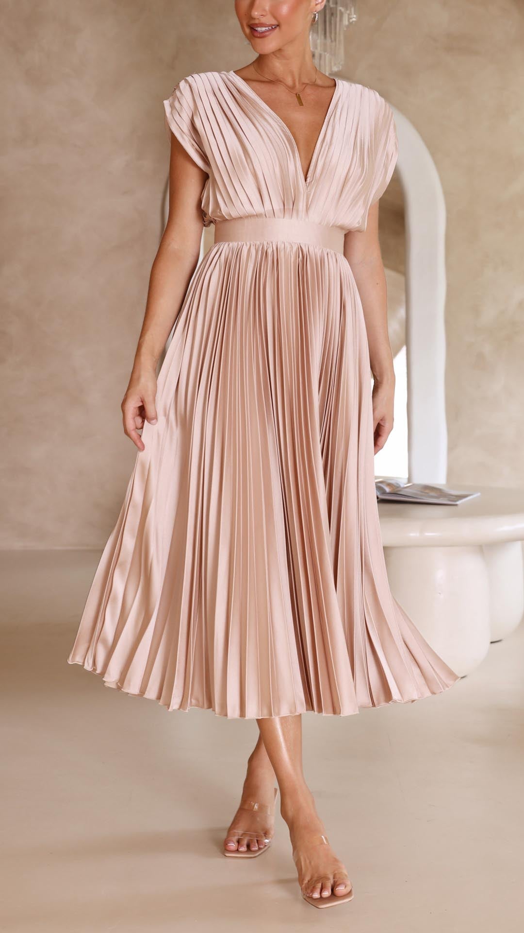 Gabriella | Damen-Midikleid mit Falten und V-Ausschnitt aus Satin
