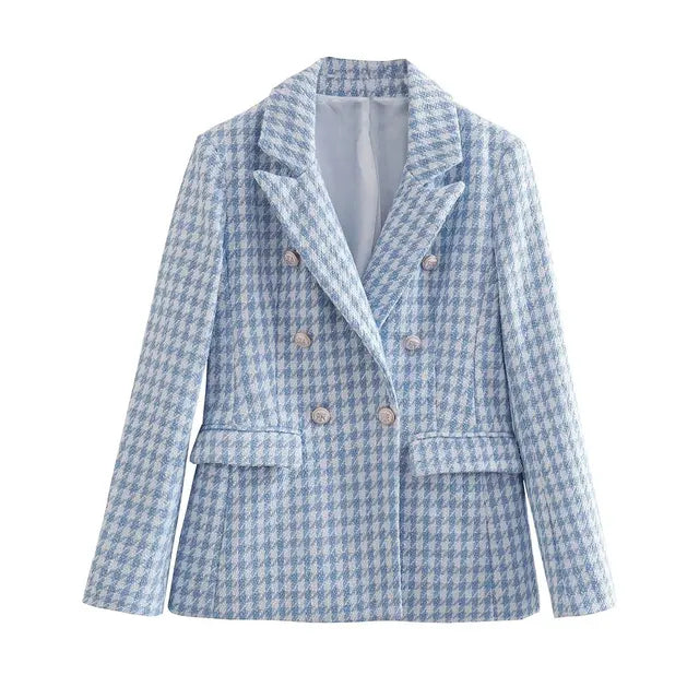 Avelena: Klassischer Hahnentritt Tweed-Sakko mit aufgesetzten Taschen, Doppelreihig