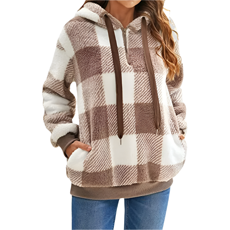 Damen-Pullover mit kurzem Reißverschluss, kariert