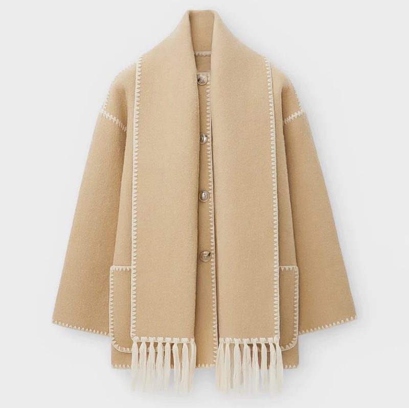 Krohn-e | Wollmantel - Oversized Fit - Schal-Kragen mit Fransen - Dekorative Nähte - Knopfverschluss