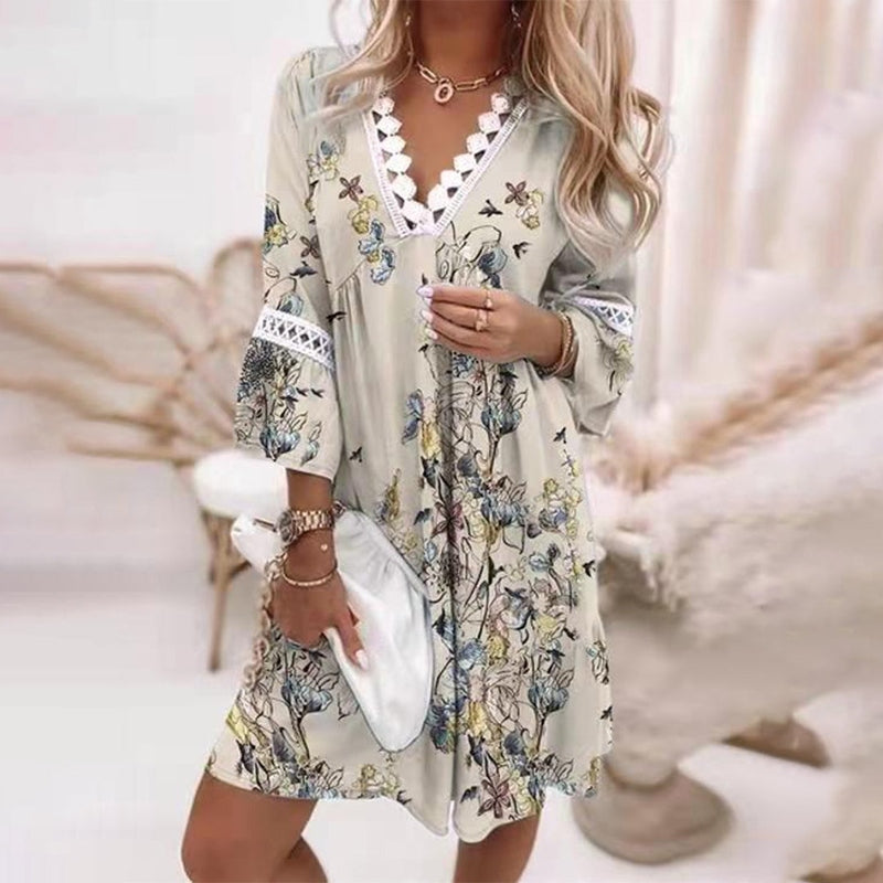 KROHN-E Damen Mini-Kleid Boho Print Locker Abend