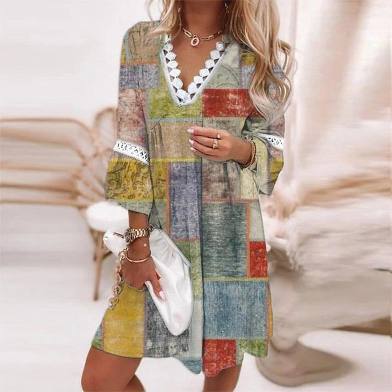 KROHN-E Damen Mini-Kleid Boho Print Locker Abend