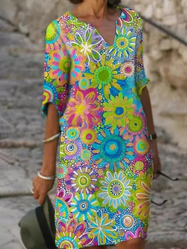 Damen-Midikleid mit V-Ausschnitt und floralem Vibrationsmuster