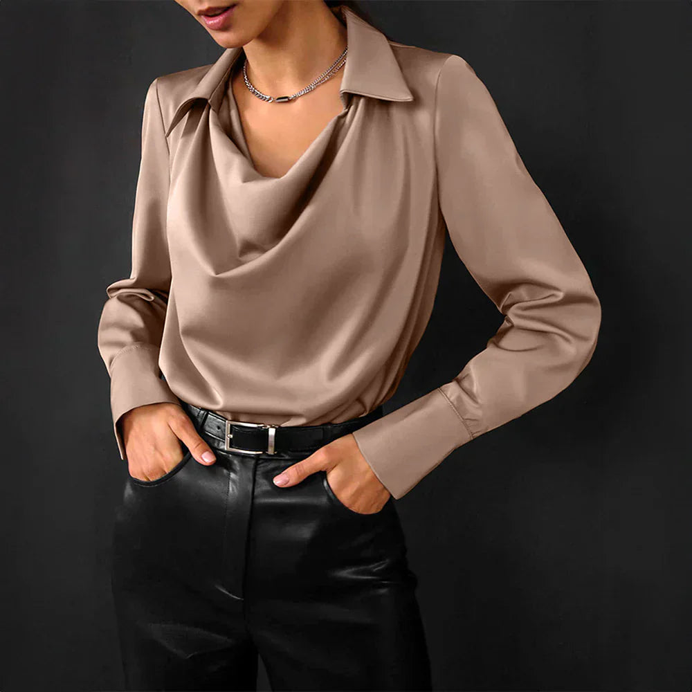 Mona | Damen Satin Bluse Langarm Wasserfallkragen Taupe Elegant