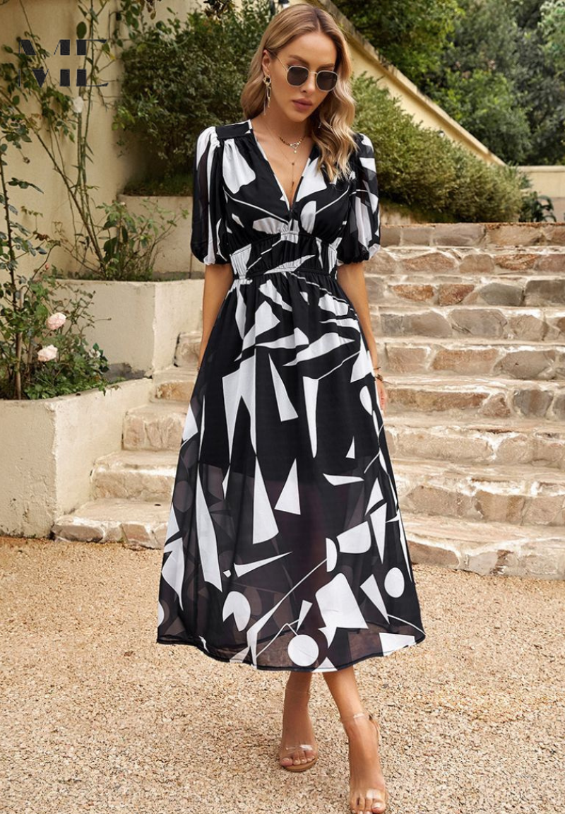 Celeste | Damen Midi-Kleid Blumendruck V-Ausschnitt Puffärmel