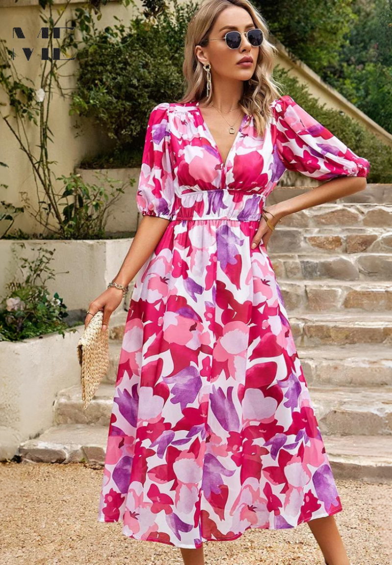 Celeste | Damen Midi-Kleid Blumendruck V-Ausschnitt Puffärmel