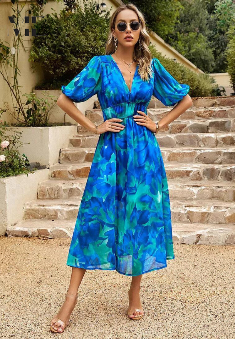 Celeste | Damen Midi-Kleid Blumendruck V-Ausschnitt Puffärmel