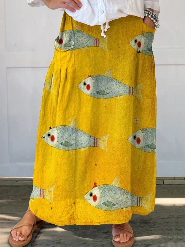 KROHN-E Damen A-Linien Rock Vintage Fisch Print