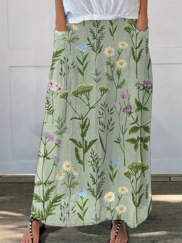 KROHN-E Damen A-Linien Rock Frühlingsprint Taschen bunt