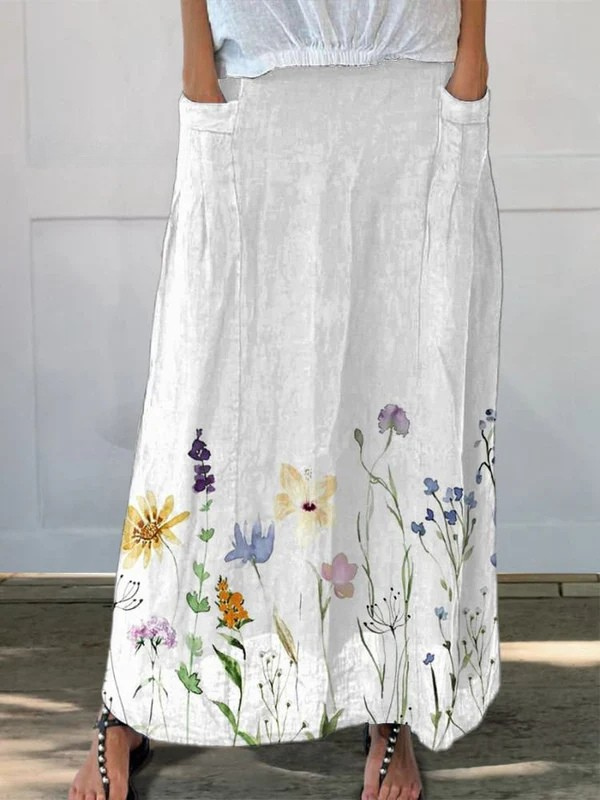 KROHN-E Damen A-Linien-Rock Kunstdruck Aquarell Elastischer Bund