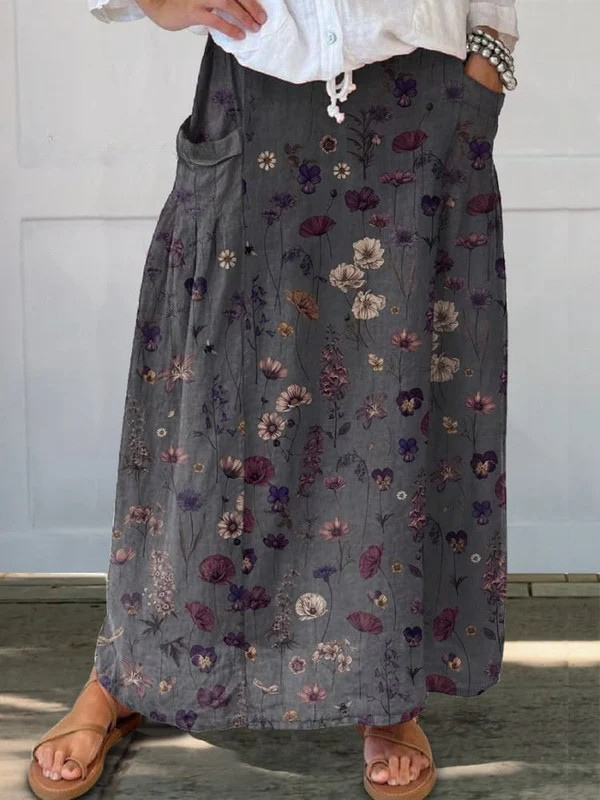 KROHN-E Damen Rock Blumenmuster Kunstdruck A-Linie Taschen