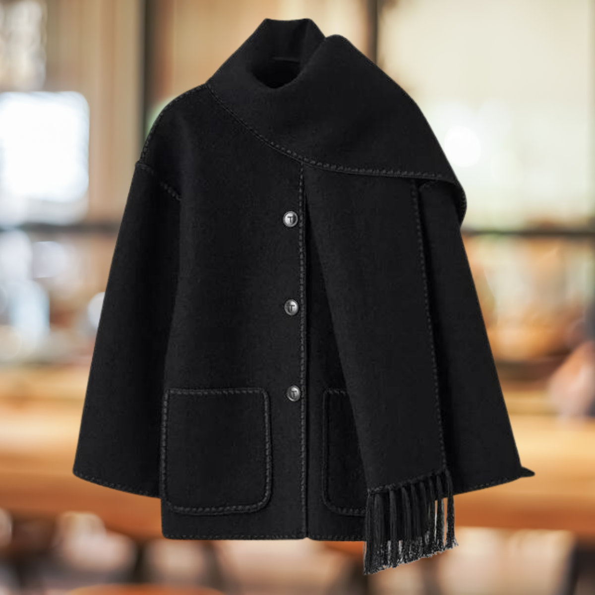 Elegante Quirina Langarmjacke mit Schal und Knopfleiste