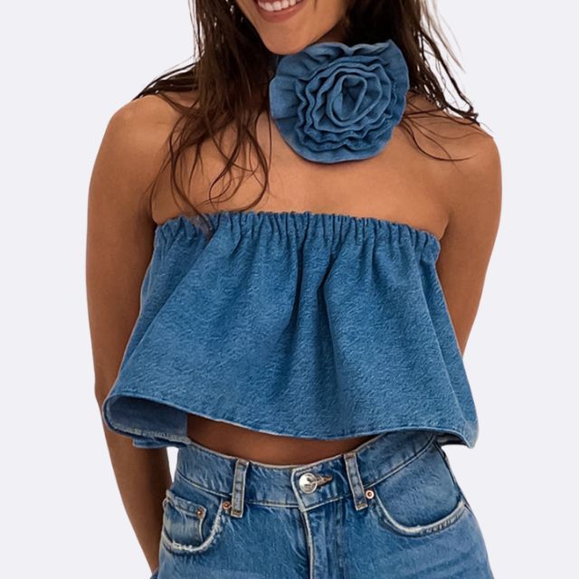 Denim Bandeau Top mit Blumen-Kropfband von Fudus