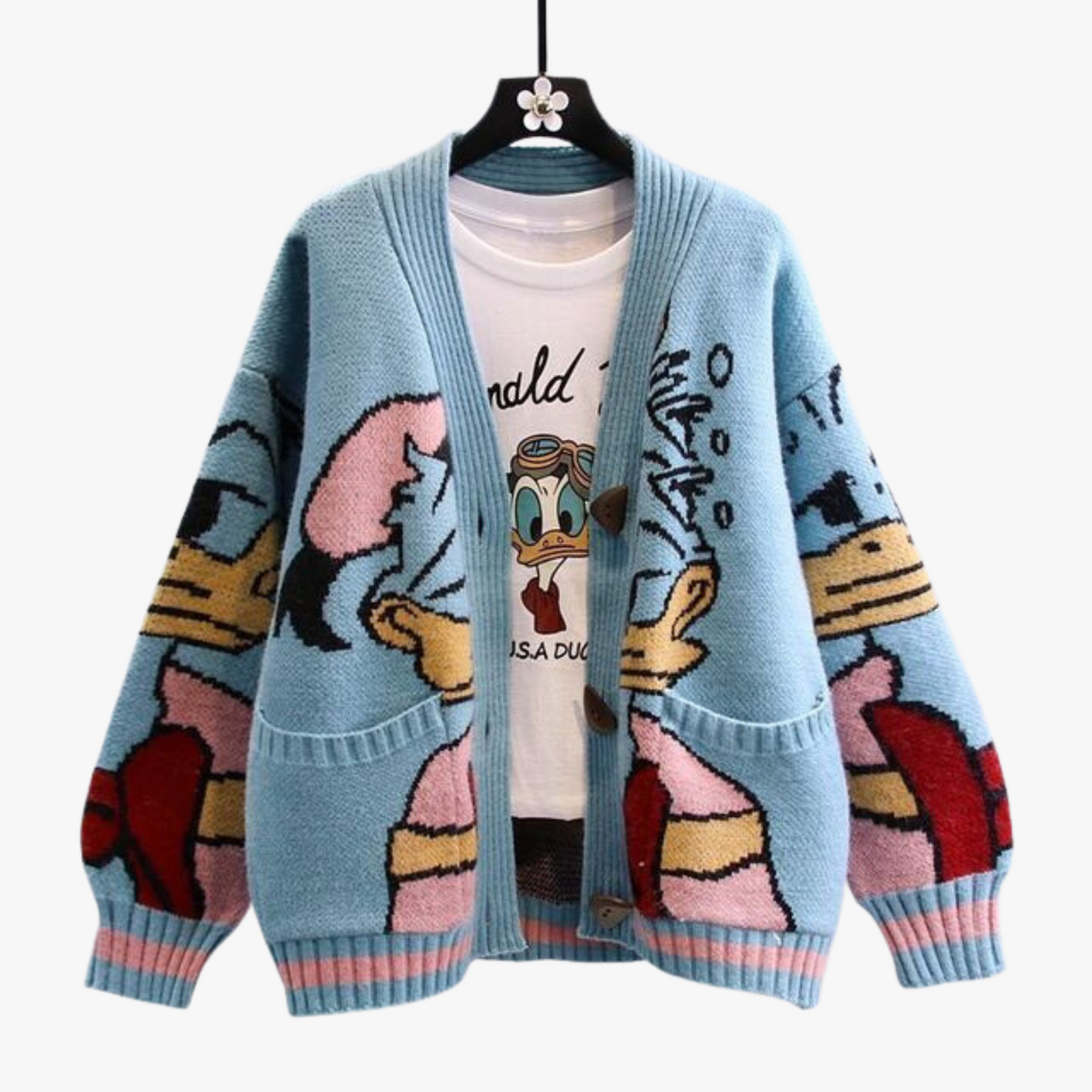 Damen-Strickjacke mit V-Ausschnitt, Donald Duck