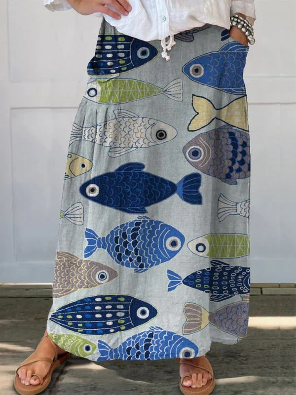 KROHN-E Damen A-Linien-Rock Vintage-Fisch-Print Bunt Taschen