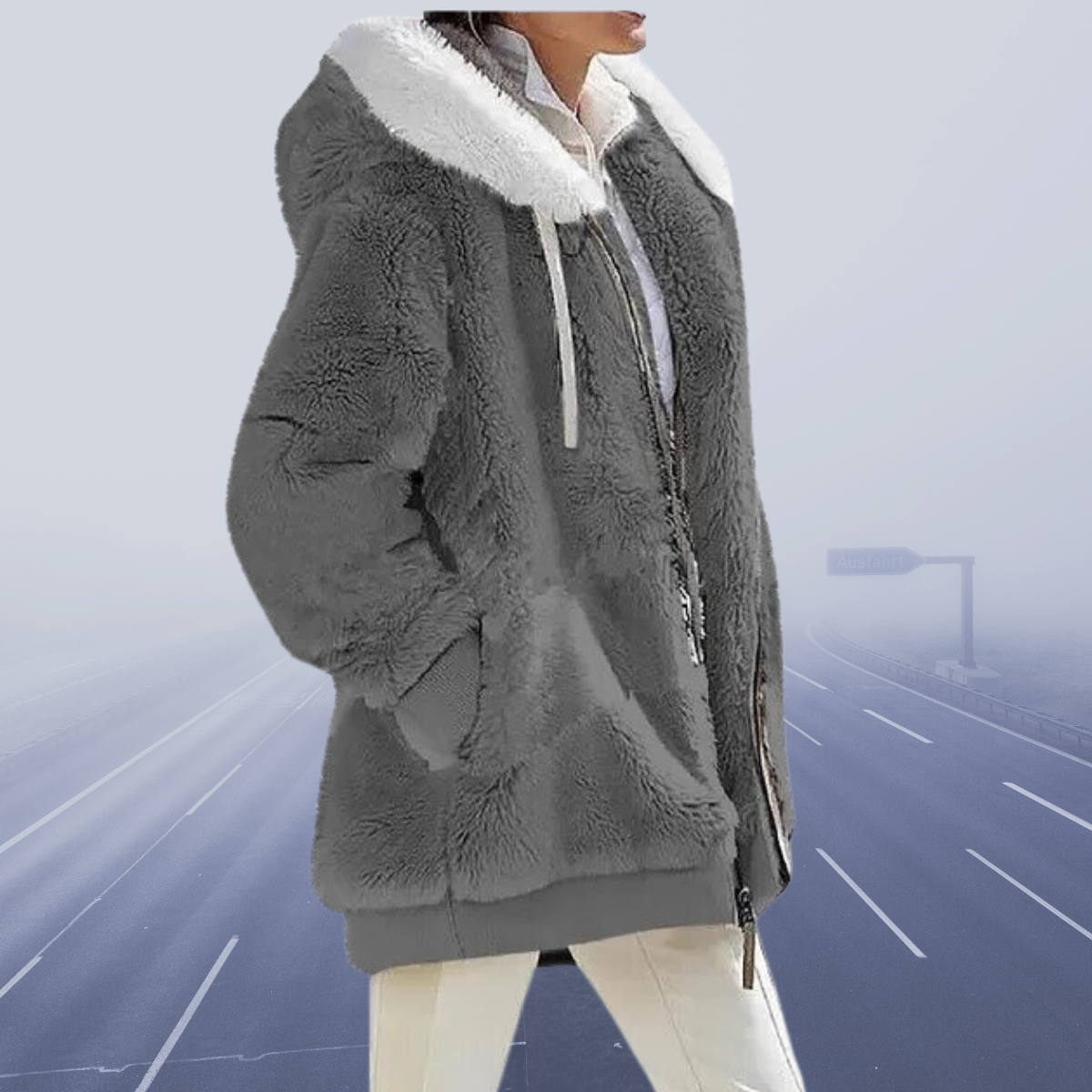 Krohn-e | Kunstpelzjacke - Kapuze mit Kontrastfutter - Reißverschluss - Wärme und Komfort