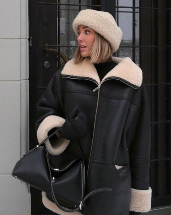 Krohn-e | Überdimensionierte Lederjacke mit Teddyfutter Leder Perfekt für Kalte Tage