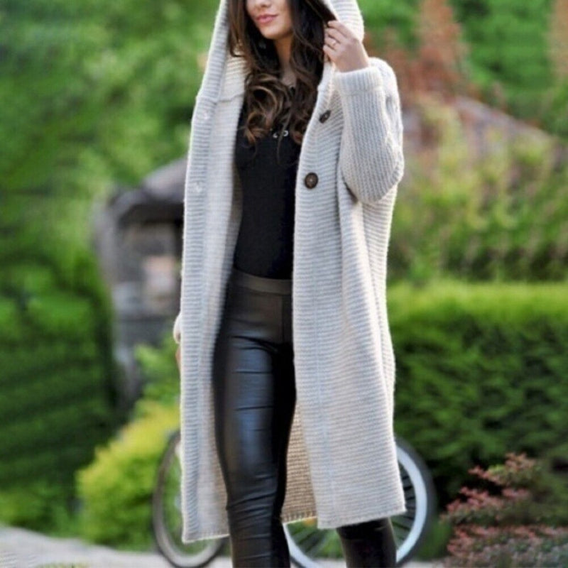 Damen-Strickjacke Mia: Langer, modischer Cardigan mit Kapuze