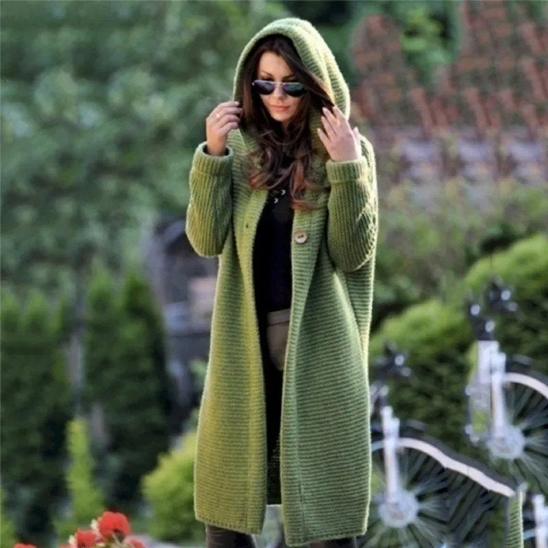 Damen-Strickjacke Mia: Langer, modischer Cardigan mit Kapuze
