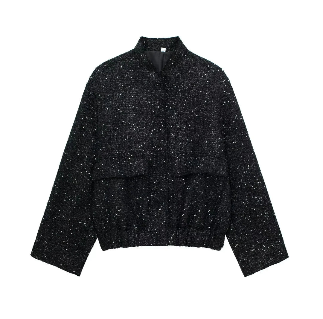 Krohn-e | Pailletten Statement Jacke Offene Front Glitzer Blazer