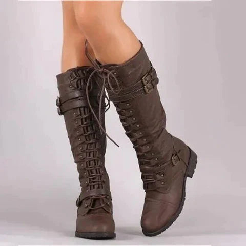 Krohn-e | Steampunk Knielange Stiefel Schnürung, Schnallendetail, Pu Leder für Herbst und Winter