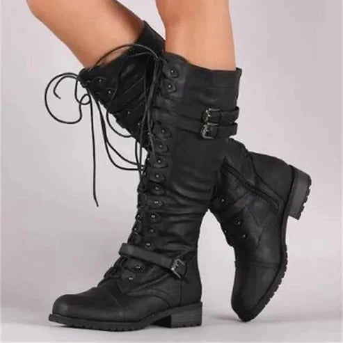 Krohn-e | Steampunk Knielange Stiefel Schnürung, Schnallendetail, Pu Leder für Herbst und Winter