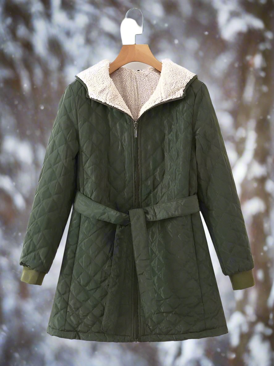 Krohn-e | Parka - Lange Steppjacke mit Kapuze - Gepolstert und Gefüttert - Bindegürtel für Perfekten Sitz