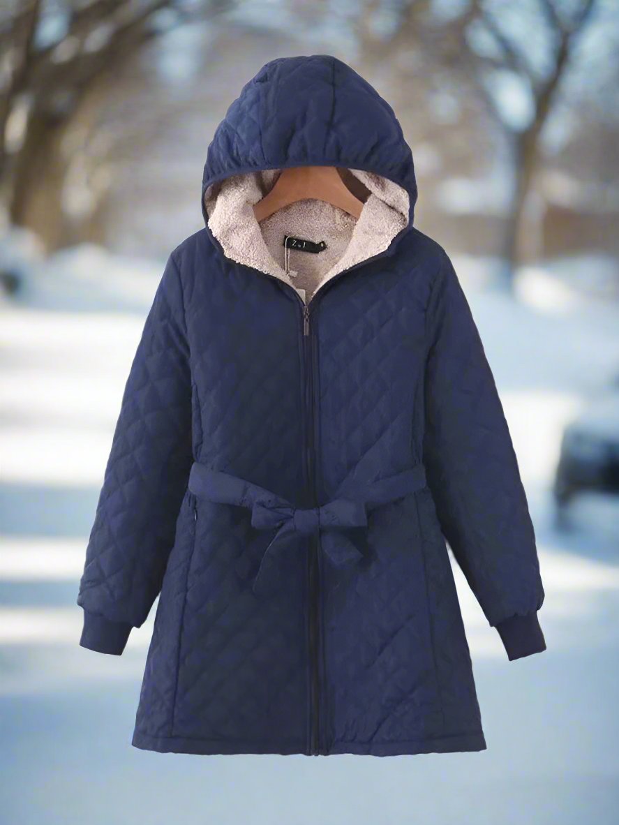 Krohn-e | Parka - Lange Steppjacke mit Kapuze - Gepolstert und Gefüttert - Bindegürtel für Perfekten Sitz