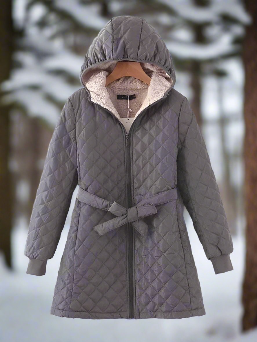 Krohn-e | Parka - Lange Steppjacke mit Kapuze - Gepolstert und Gefüttert - Bindegürtel für Perfekten Sitz