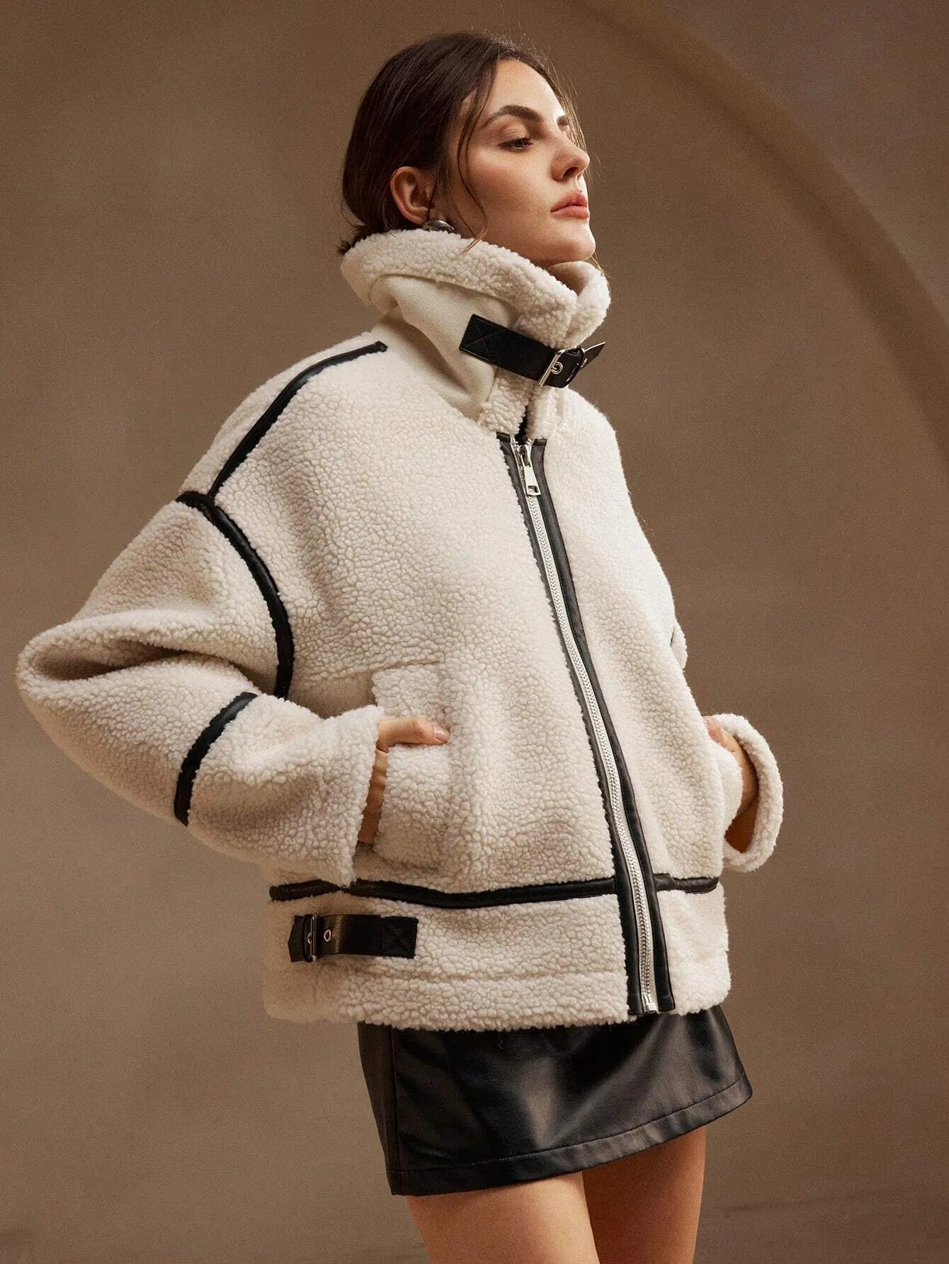 Krohn-e | Kunstfell Aviator Jacke Winter Teddy Reißverschluss