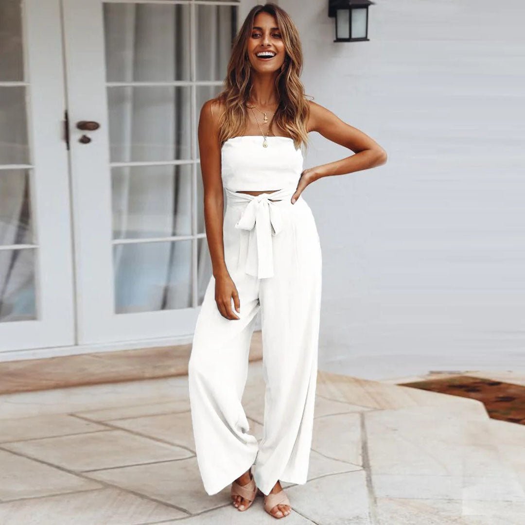 KROHN-E Damen Jumpsuit Trägerlos Weite Beine Taillengürtel Beige