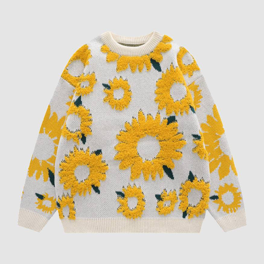Krohn-e | Pullover Sonnenblumenprint Acryl Gemustert, Bequem