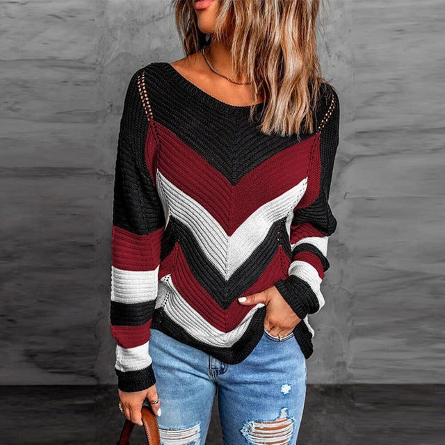 Krohn-e | Pullover - Damen Herbstgestreifter Patchwork Strickpullover