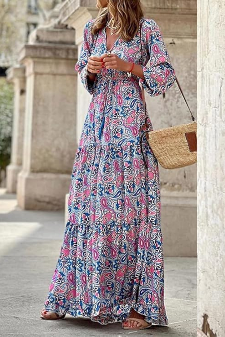 KROHN-E Damen Maxi-Kleid V-Ausschnitt Blumenmuster Langarm