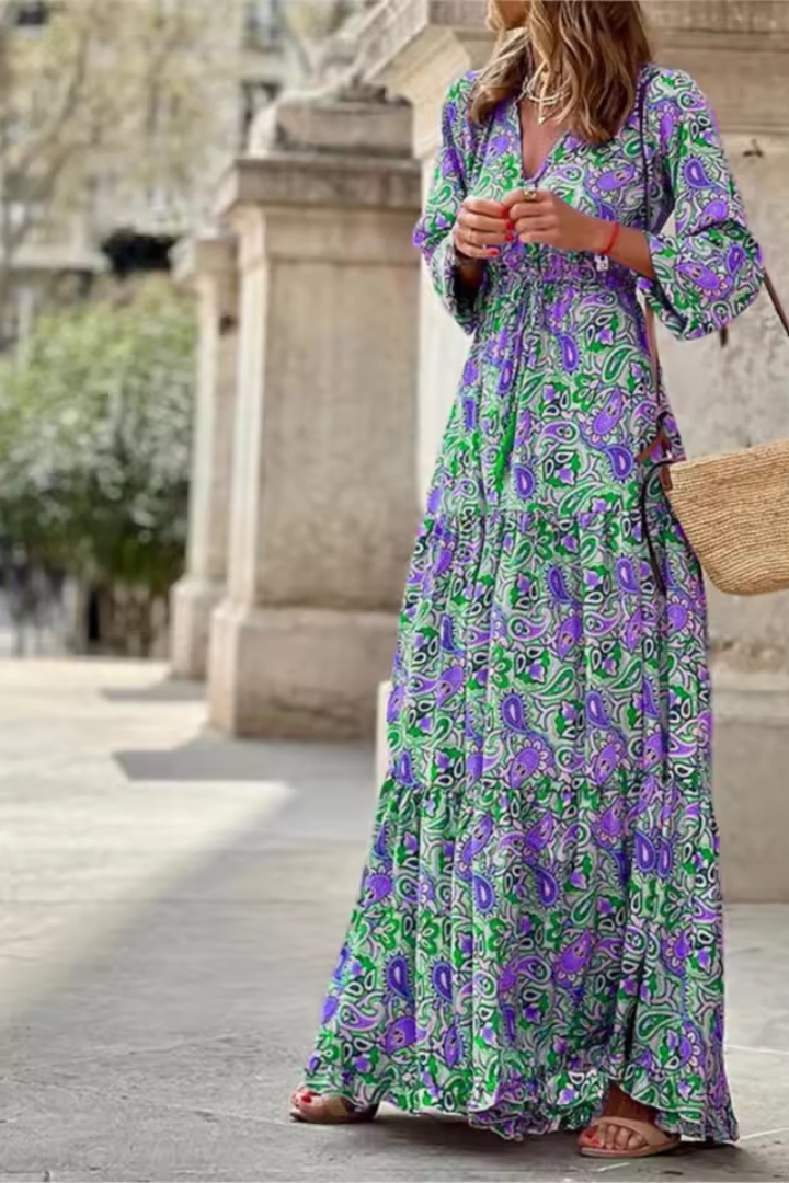 KROHN-E Damen Maxi-Kleid V-Ausschnitt Blumenmuster Langarm